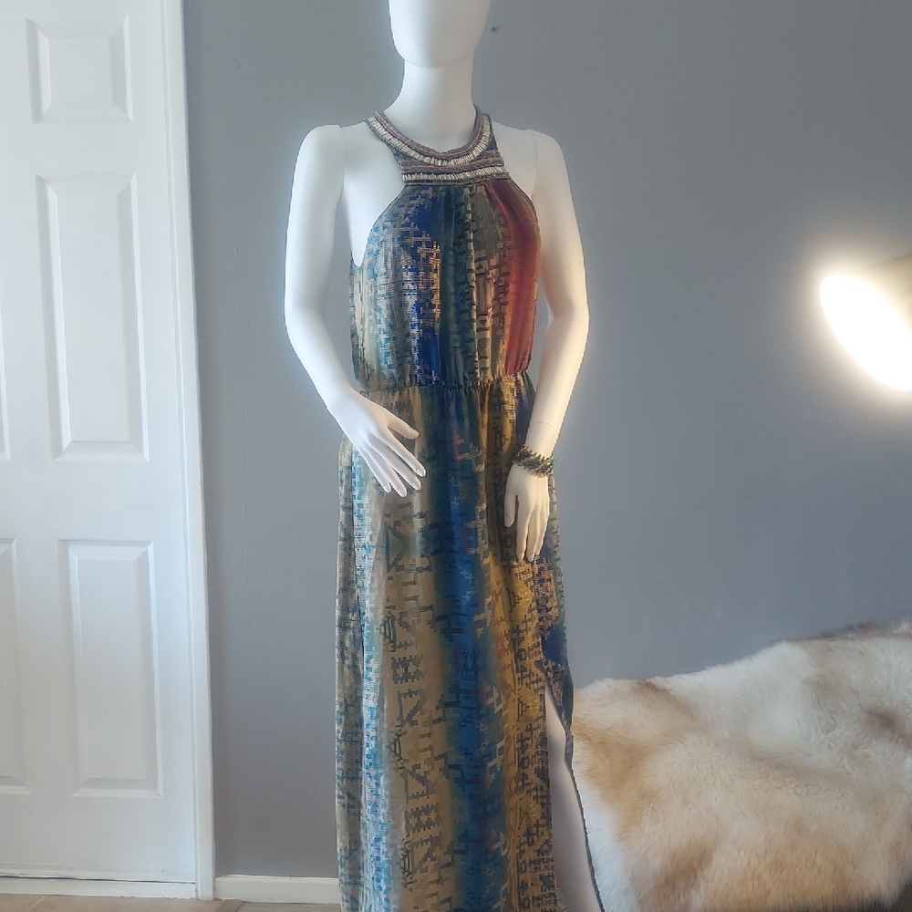 Bohemian Maxi Dress with Beaded Neckline